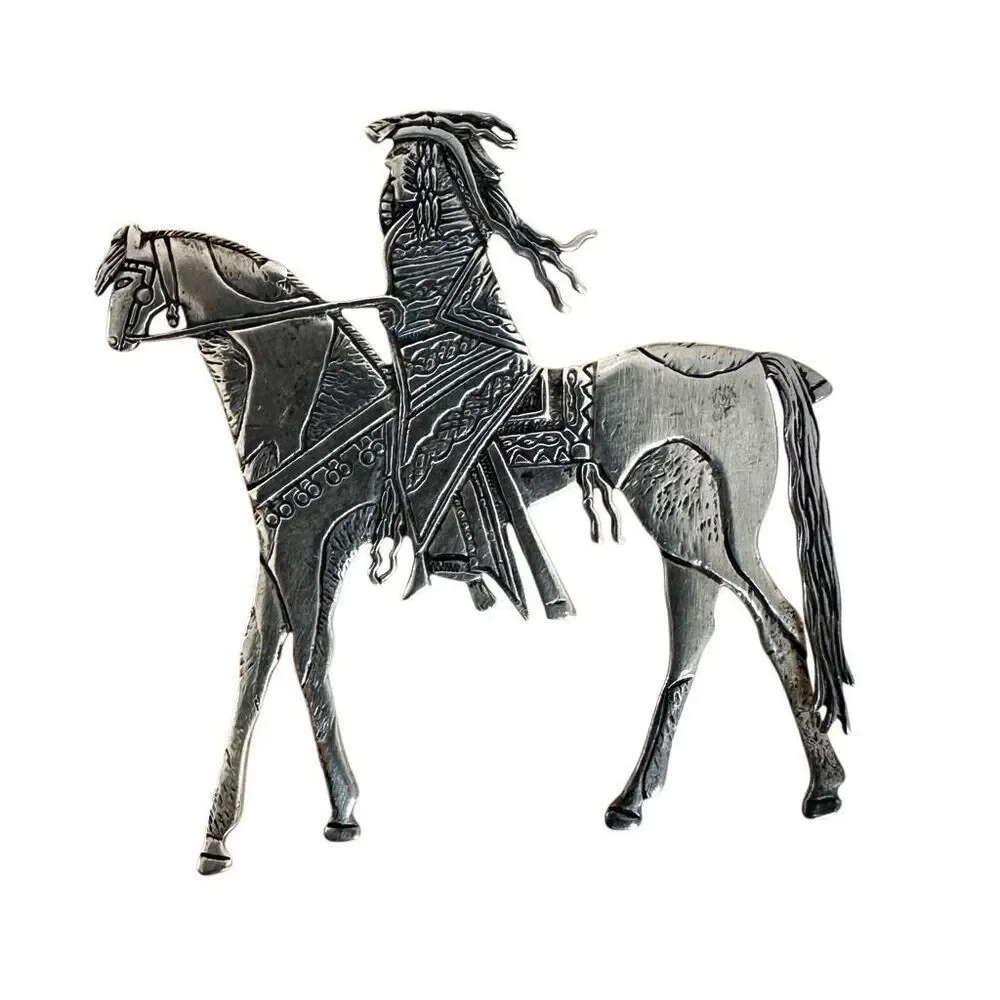 Rare Frank Salcido Sterling Silver Native American Rider Brooch – Signed STP